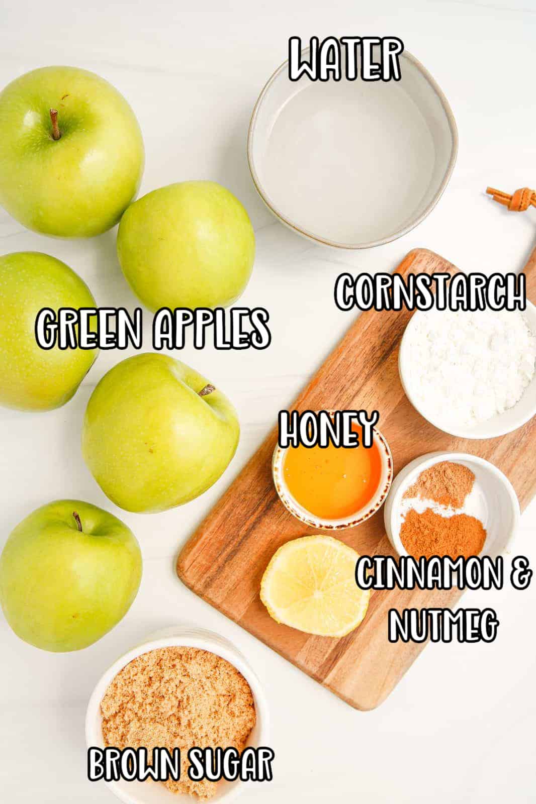 Ingredients needed: apples, dark brown sugar, ground cinnamon, ground nutmeg, honey, cornstarch and water.