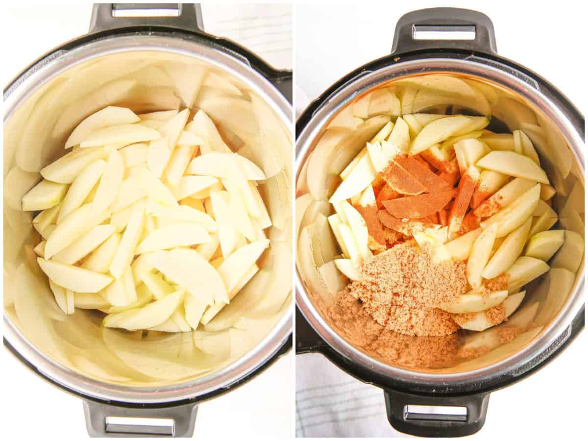collage of two photos: sliced apples shown in the bottom of an instant pot and spices and brown sugar shown on top of the apples in the instant pot.