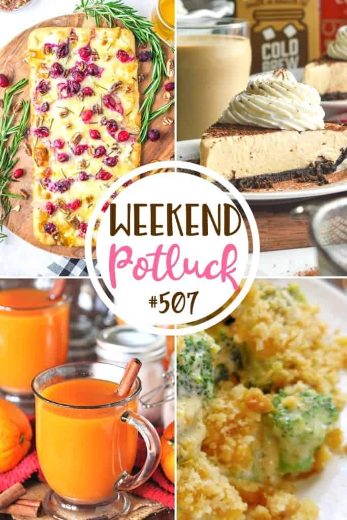 Weekend Potluck featured recipes: Instant Russian Tea Mix, Cranberry Brie Flatbread, Eggnog Pie and Broccoli Cheese Casserole