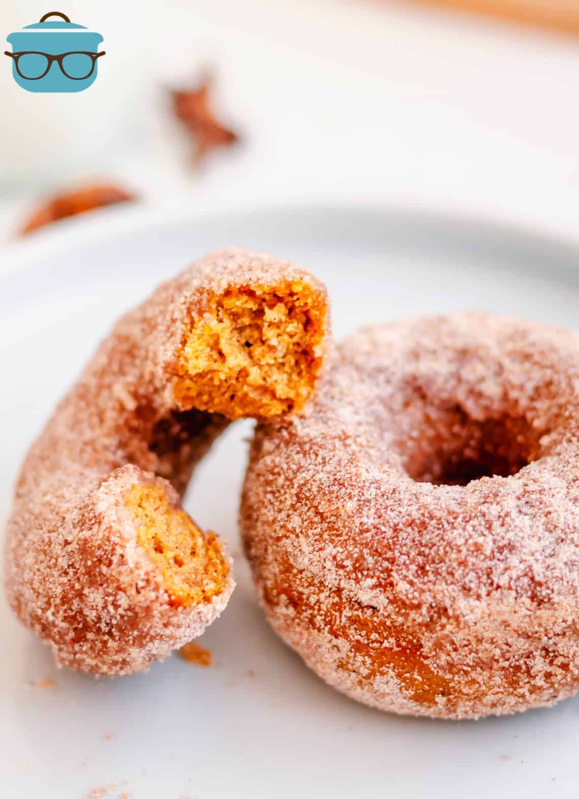 Two Baked Pumpkin Donuts on white plate with one donut broken in half.