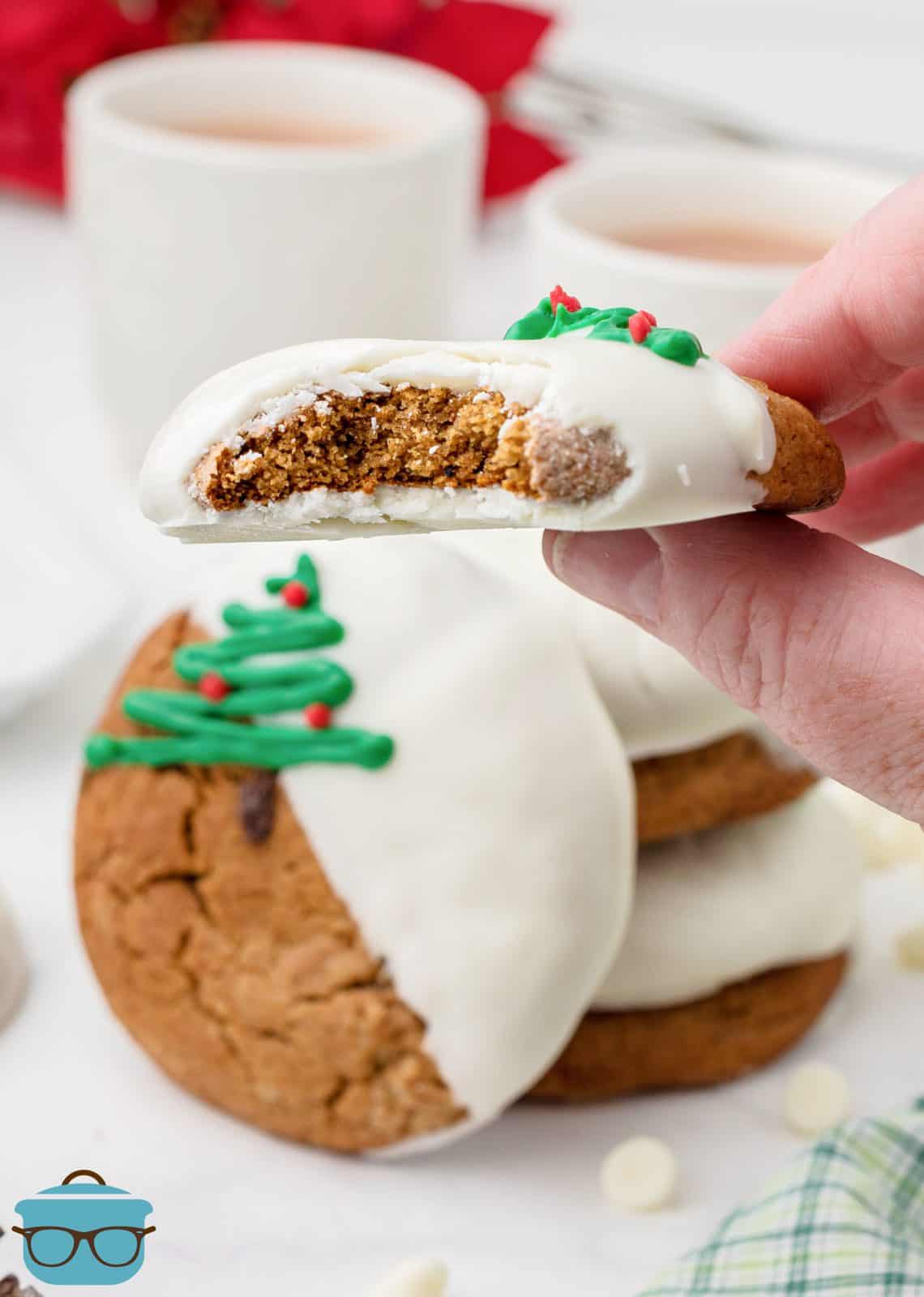 Hand holding one Gingerbread Cookie with bite taken out of oit.