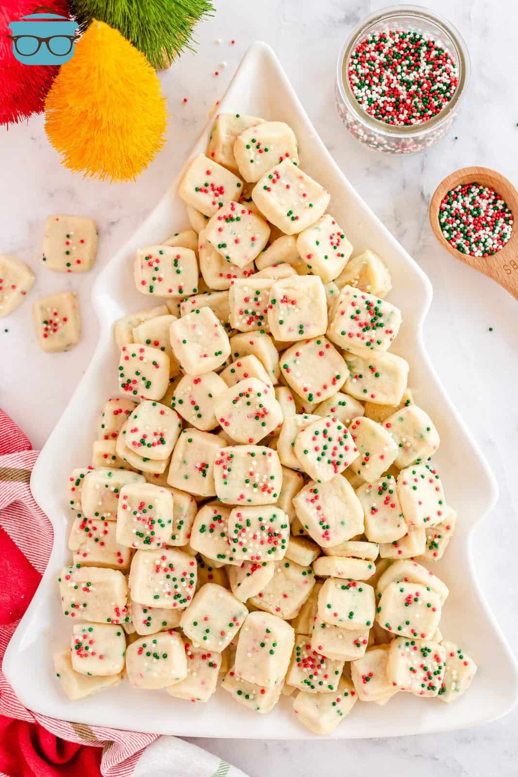 Overhead of Mini Christmas Shortbread Cookies on Christmas tree platter.