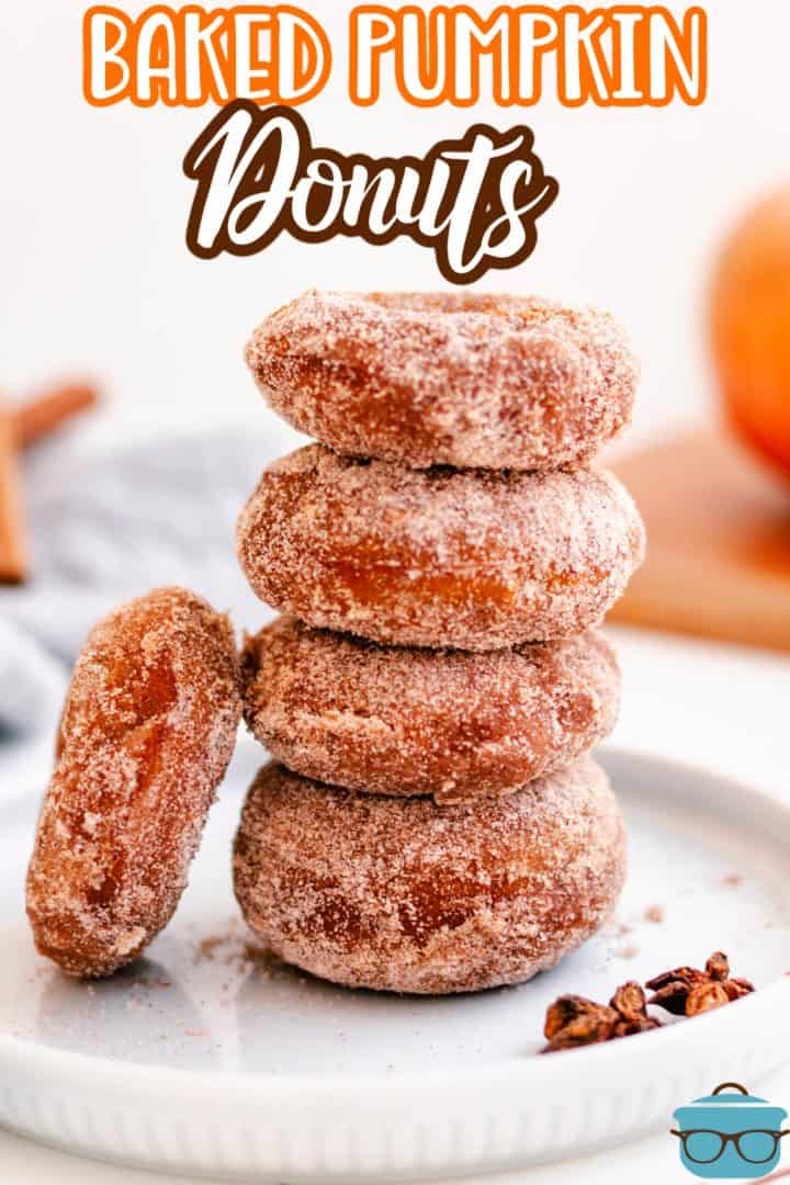 Stacked Baked Pumpkin Donuts on white plate with one donut leaning against it.
