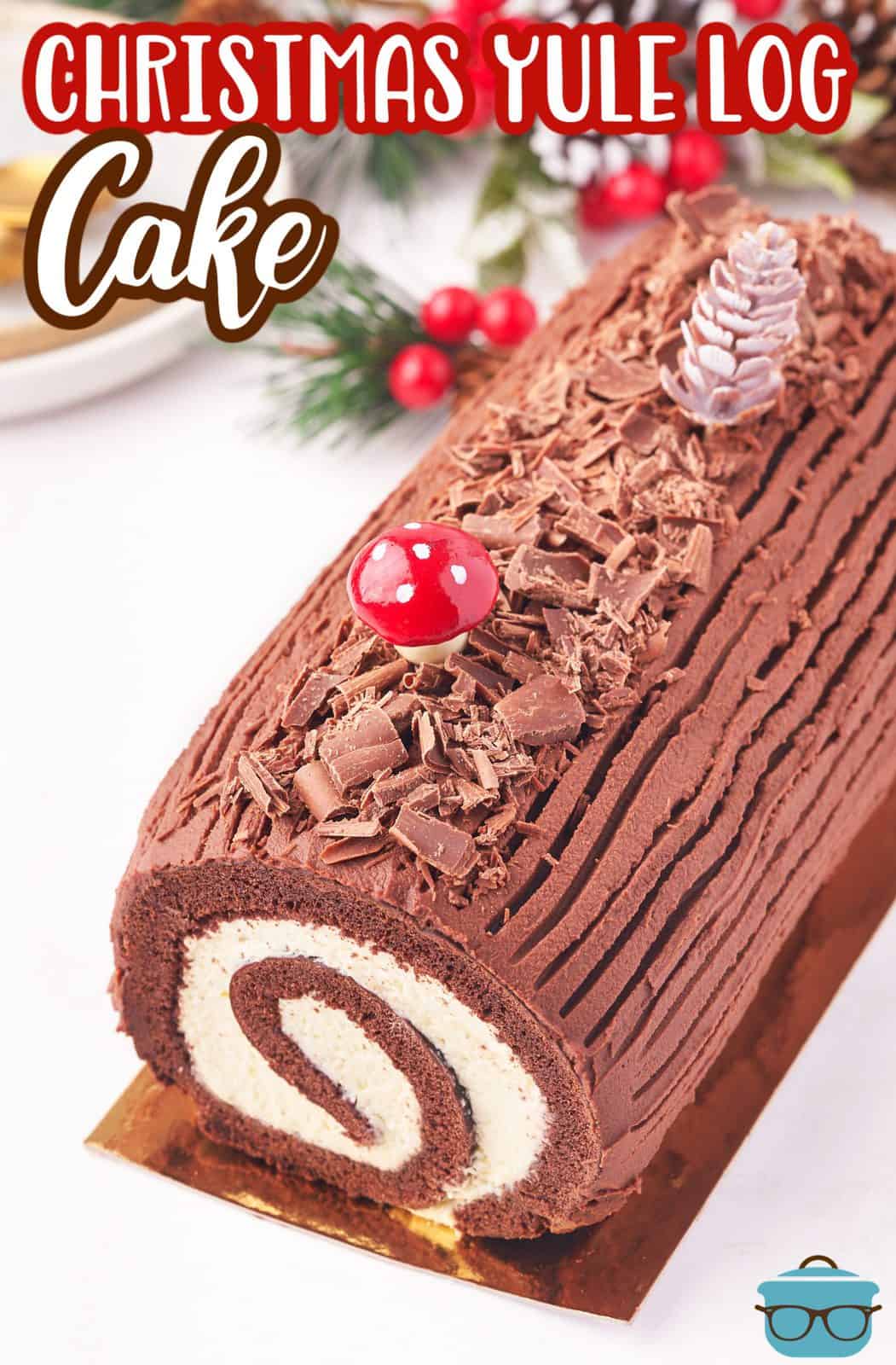 Pinterest image of decorated Christmas Yule Log Cake.