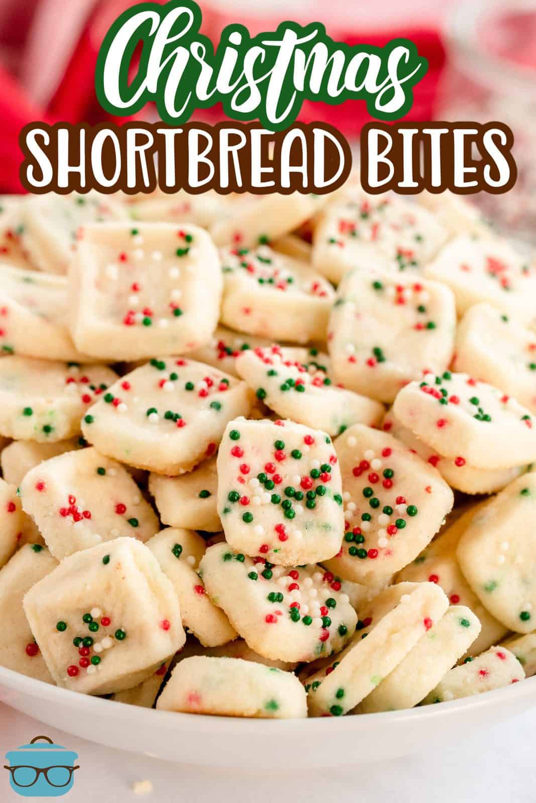 Pinterest image of Mini Christmas Shortbread Cookies close up in bowl.