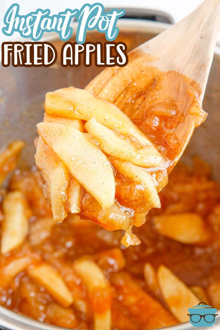 closeup photo of Instant Pot Fried Apples on wooden spoon.
