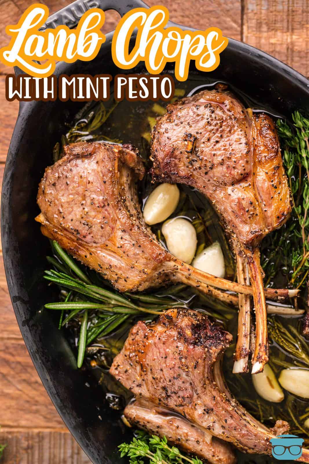 Pinterest image of Lamb Chops with Mint Pesto in baking dish overhead.