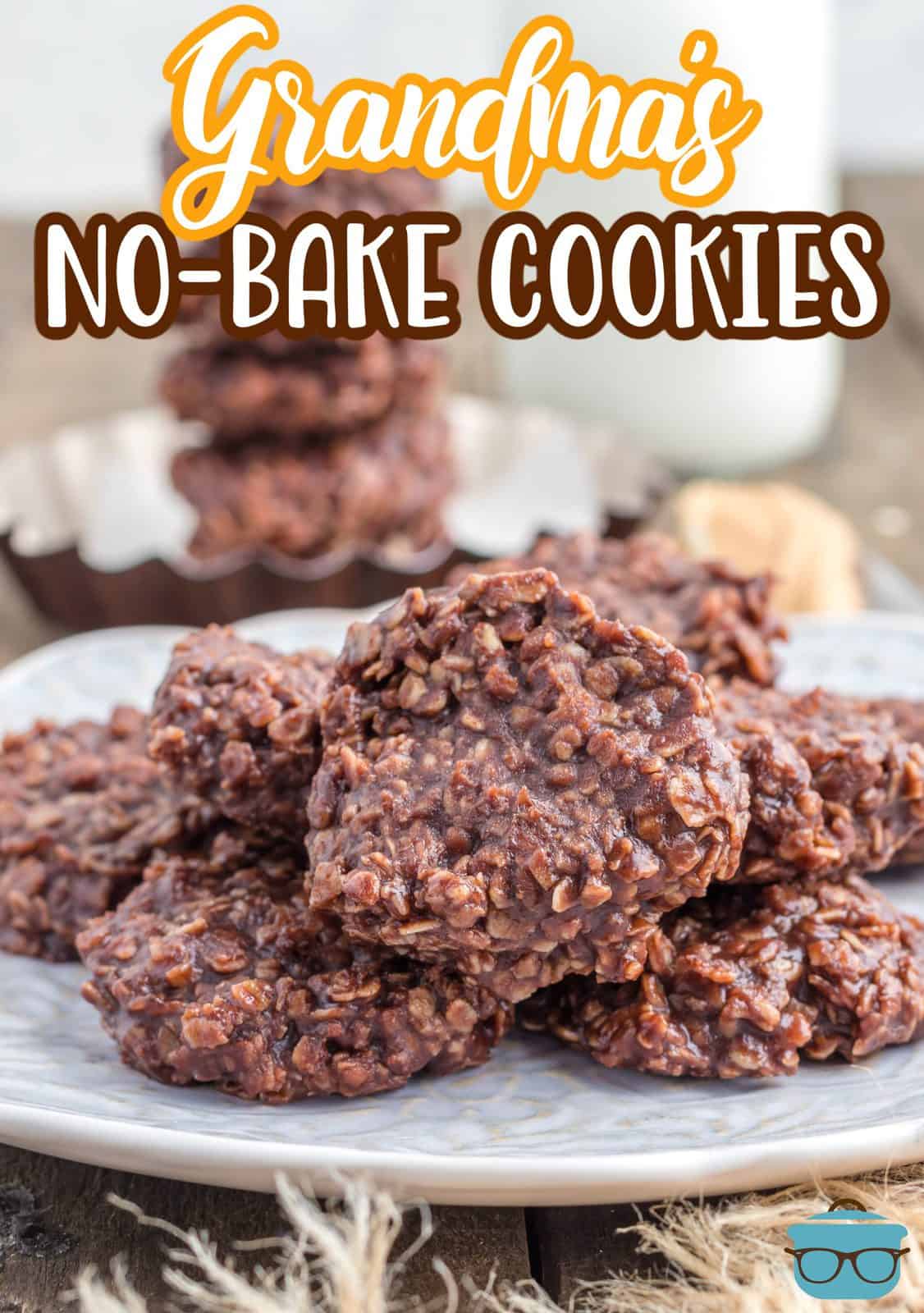 Close up of Grandma's No Bake Cookies on white plate stacked Pinterest image.