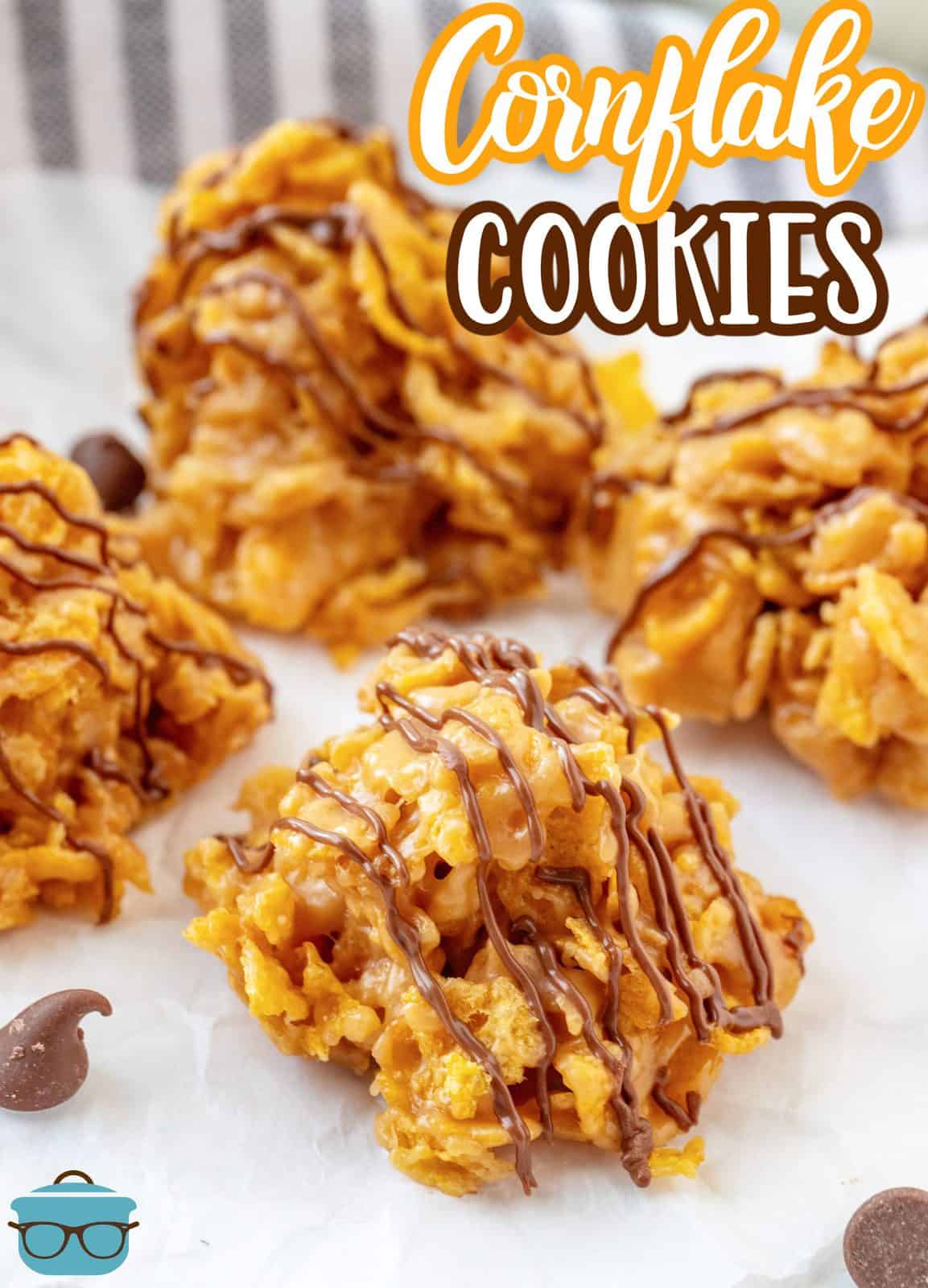 Close up of Cornflake Cookie Recipe on parchment paper Pinterest image.