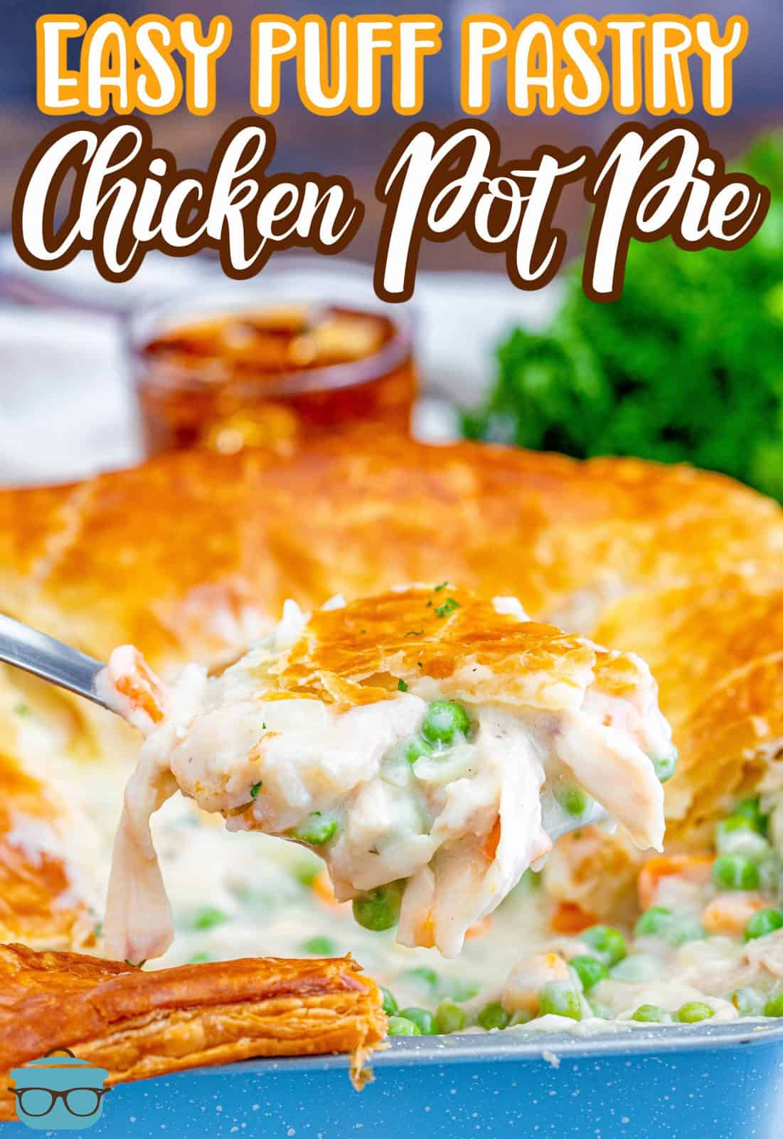 Serving spoon holding up some of the Puff Pastry Chicken Pot Pie Pinterest image.