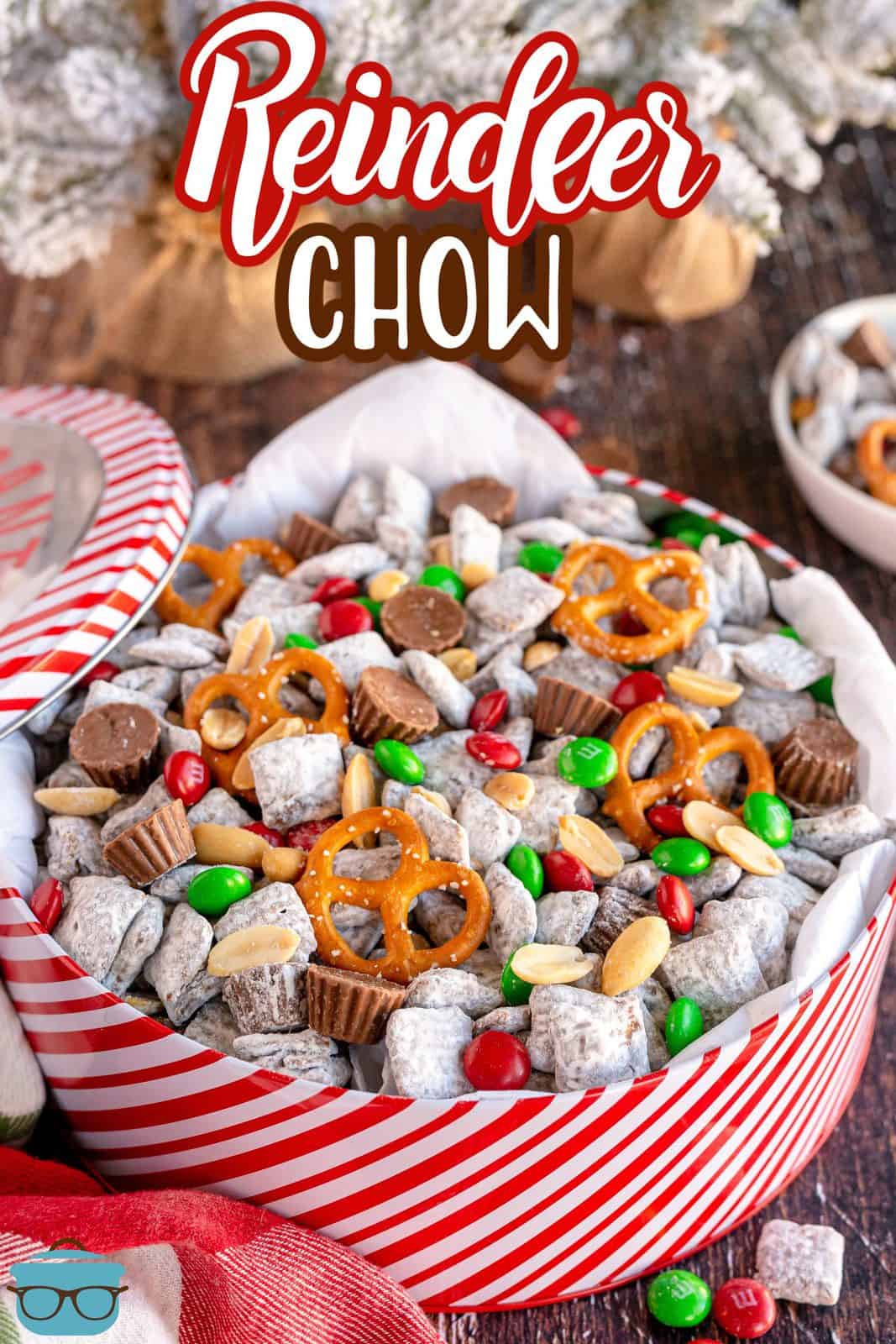 Pinterest image of Reindeer Chow in a gift box tin.