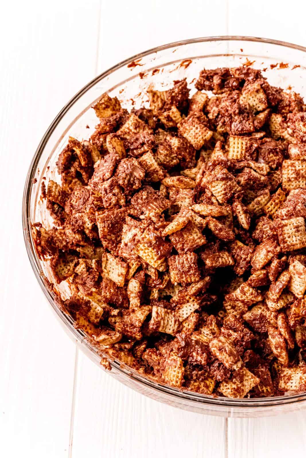 Chex cereal in bowl covered in nutella and chocolate mixture.