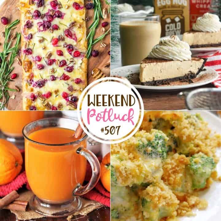 Weekend Potluck featured recipes: Instant Russian Tea Mix, Cranberry Brie Flatbread, Eggnog Pie and Broccoli Cheese Casserole