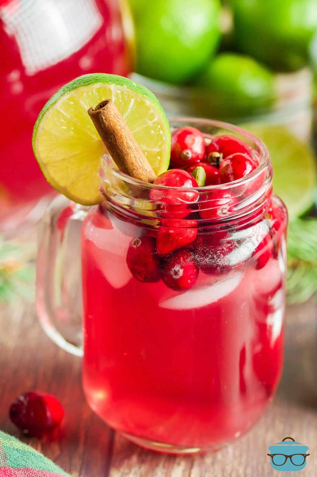 Close up of Cranberry Wine Spritzer in glass with cranberries, cinnamon stick and lime silce.
