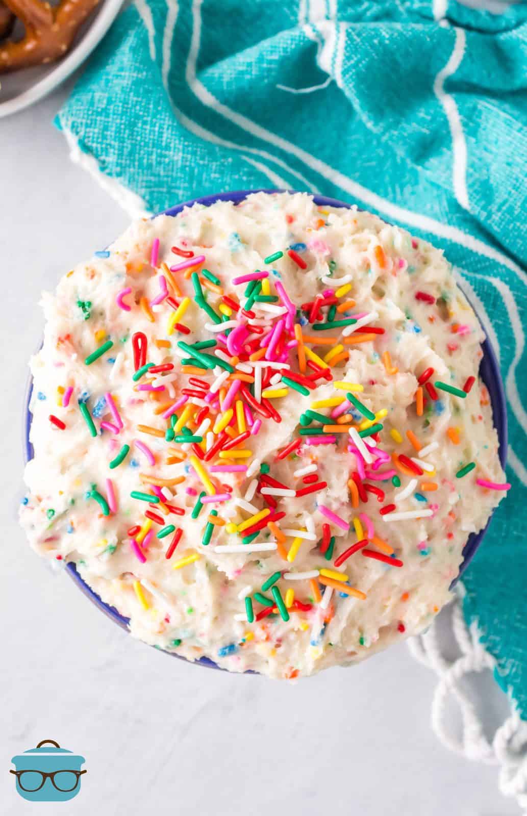 Overhead of Funfetti Cake Batter Dip topped with sprinkles.