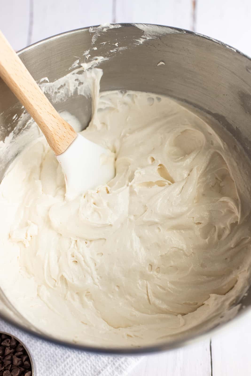Egg white added to bar batter in stand mixer and mixed.