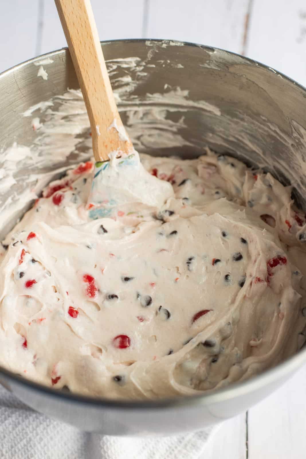 Cherries and chocolate chips mixed into batter.