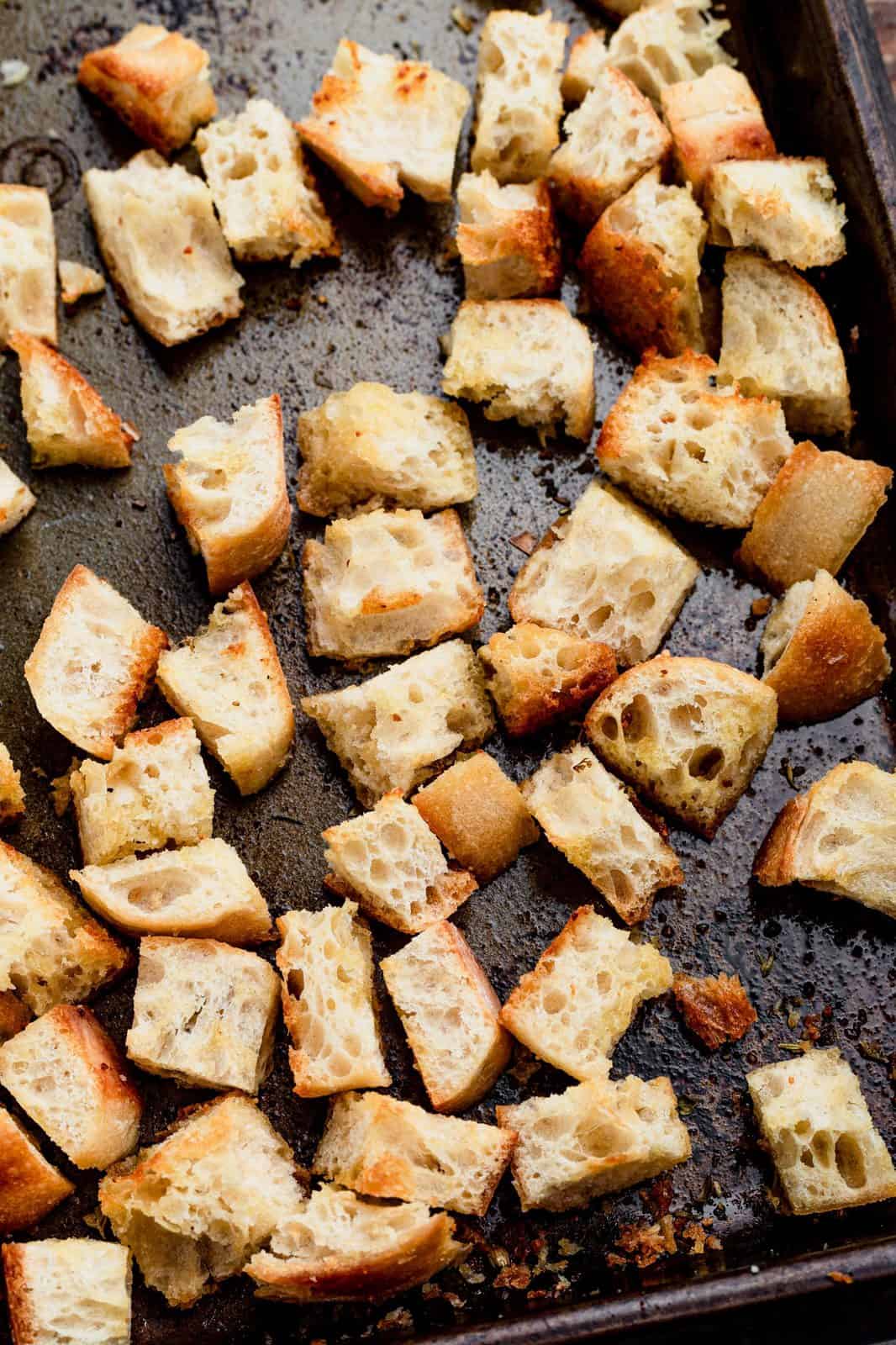 Finished Garlic Croutons on pan.