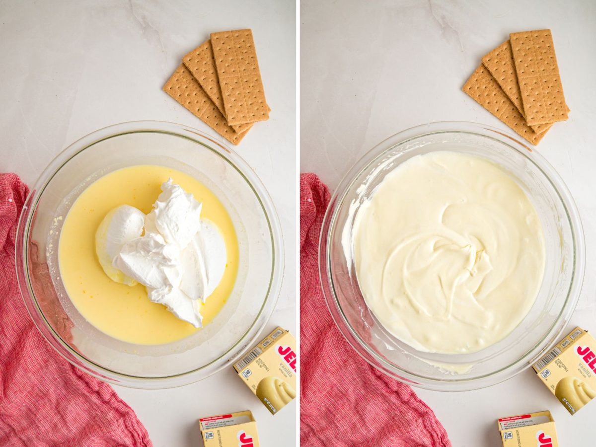 A bowl of pudding and Cool Whip being mixed together.