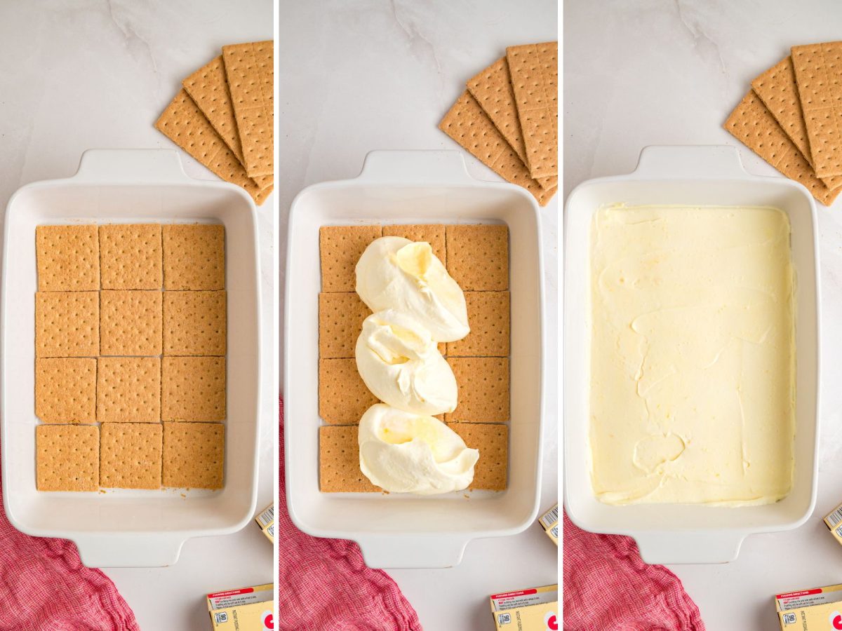 A baking dish with graham crackers and layers of pudding mixture.