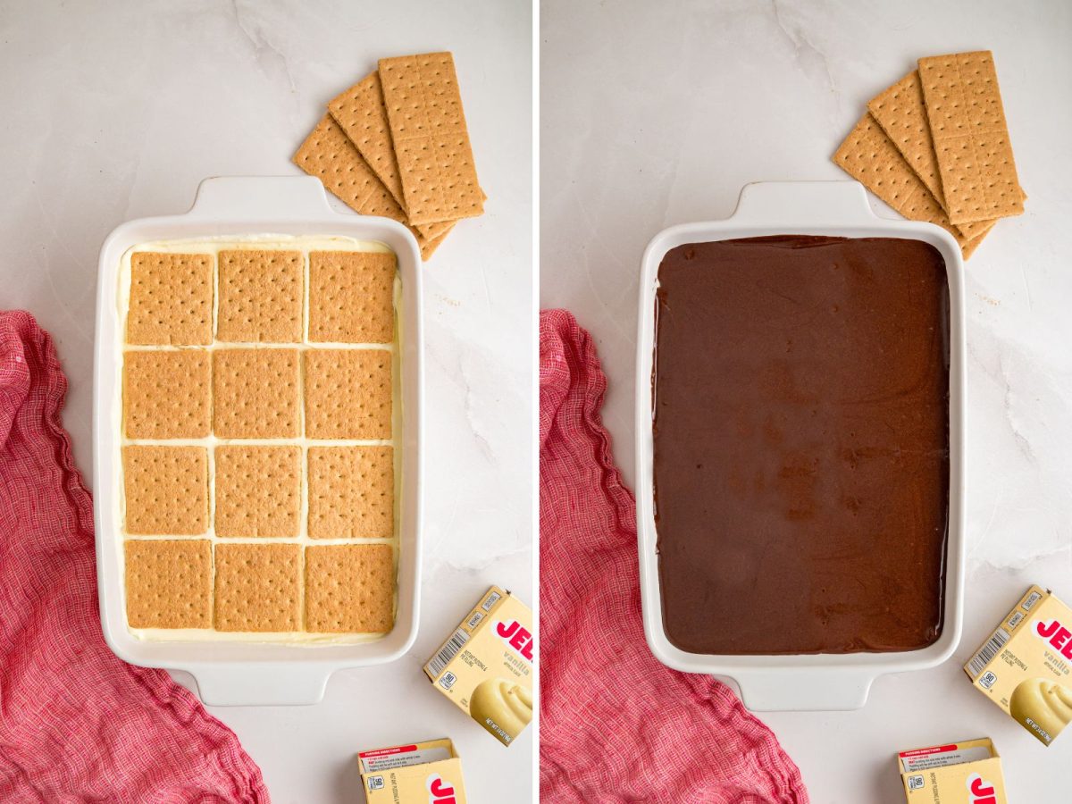 More graham crackers being added to a baking dish and chocolate frosting added on top.