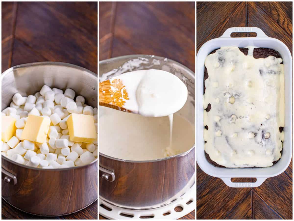 collage of three photos: mini marshmallows and butter slices in a pot; a spoon holding up the melted mixture; melted marshmallow mixture poured on top of cake with holes. 