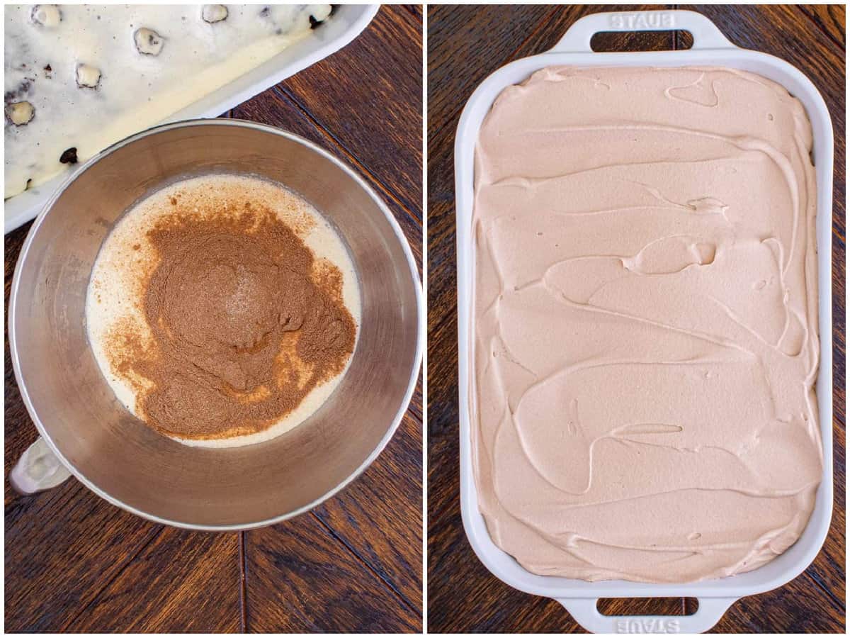 collage of two photos: heavy cream and hot cocoa mix in a mixing bowl; mixed hot cocoa whipped cream spread on top of cake. 