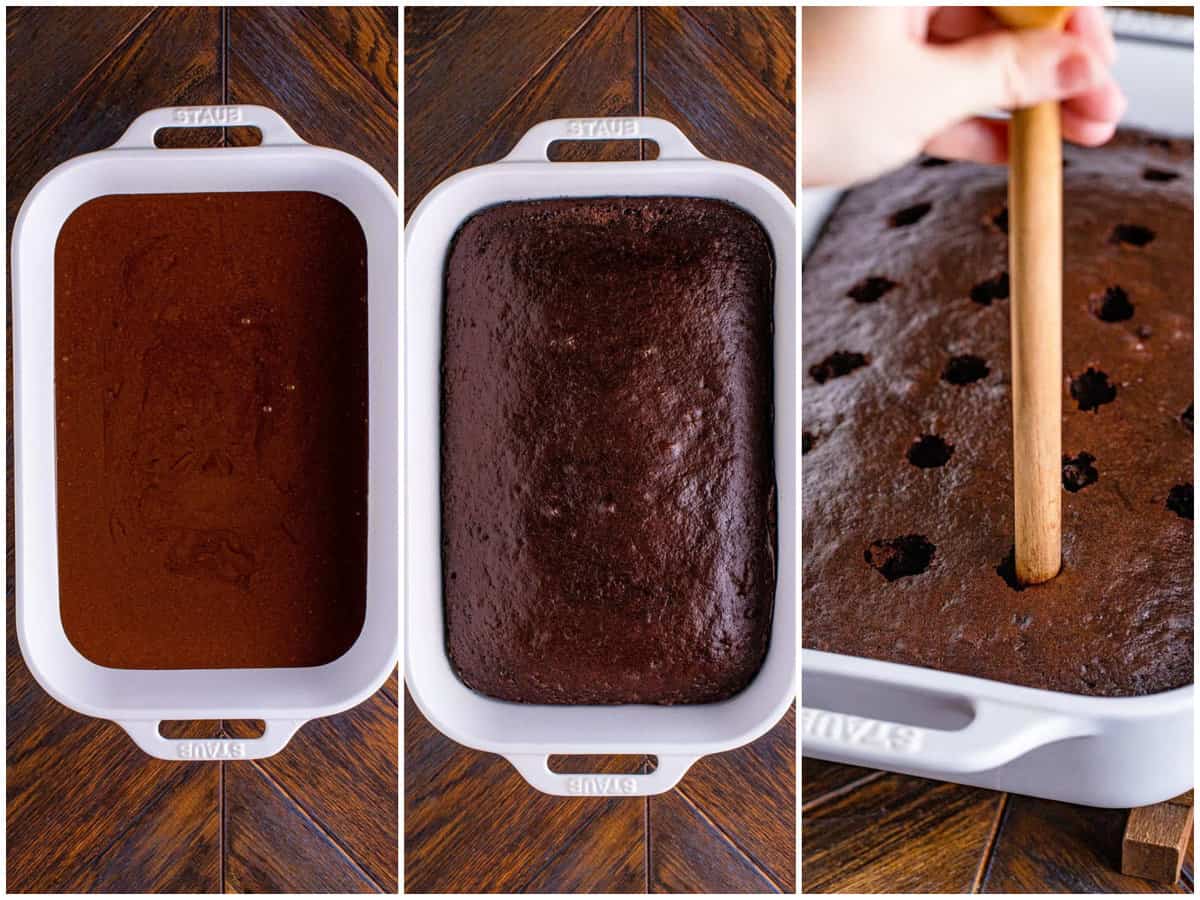 collage of three photos: chocolate cake batter in baking dish; fully baked cake; a wooden spoon handle poking holes in cake. 