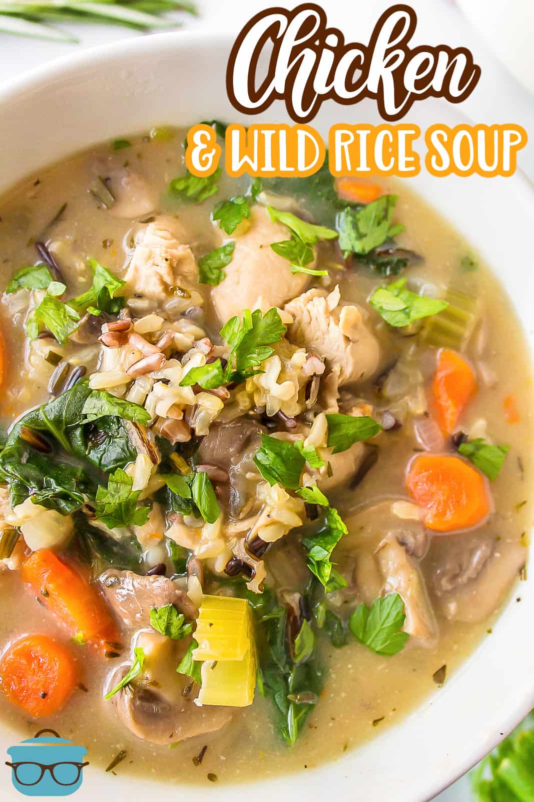 Pinterest image overhead close up of Chicken Wild Rice Soup in bowl.