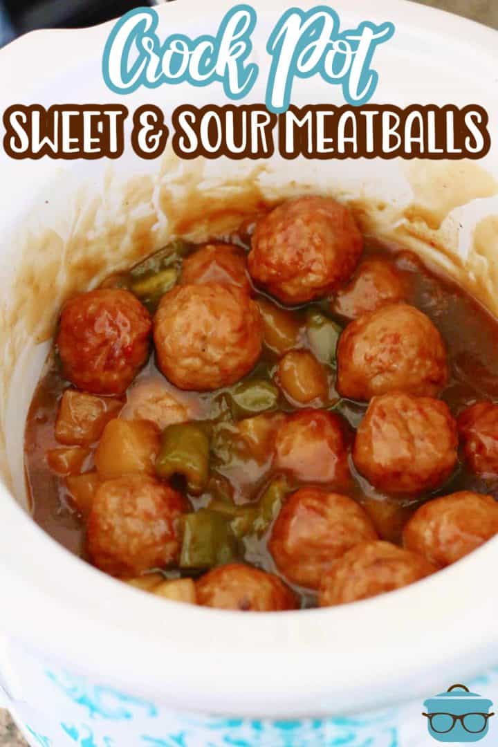 Sweet and Sour Meatballs shown inside a round white slow cooker. 