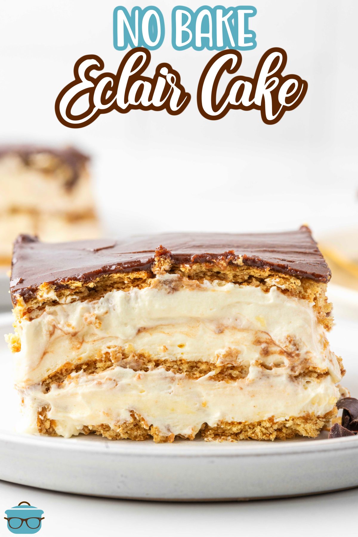 A plate with a slice of Eclair Cake.