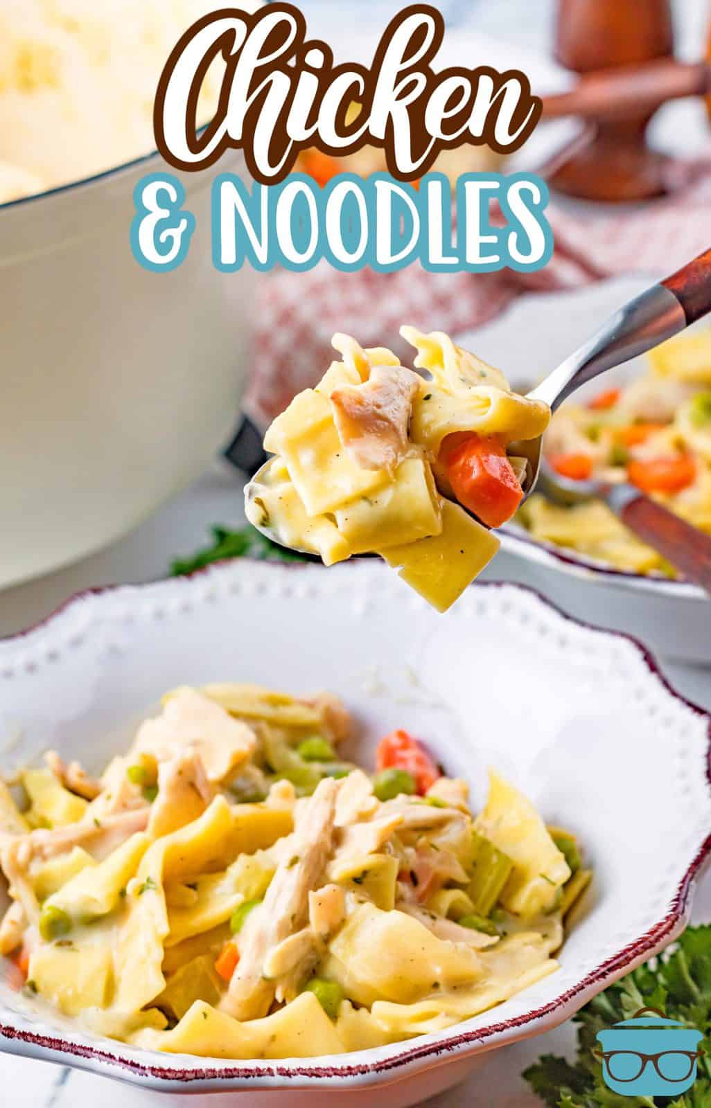 Pinterest image of spoon holding up some of the chicken and noodles out of the bowl.
