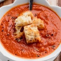 Square image close up of Easy Tomato Soup with Garlic Croutons.
