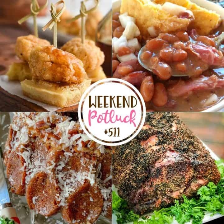 Weekend Potluck featured recipes: Chicken and Waffle Skewers, Rum Soaked Coconut Pecan Cake, Standing Prime Rib Roast, Slow Cooker Ham and Beans