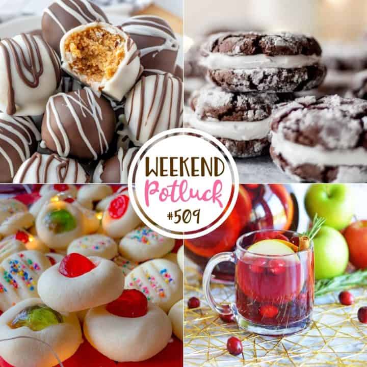Weekend Potluck featured recipes: Buttery Whipped Shortbread Cookies, Hot Cocoa Sandwich Cookies, Holiday Sangria and Nutter Butter Truffles.