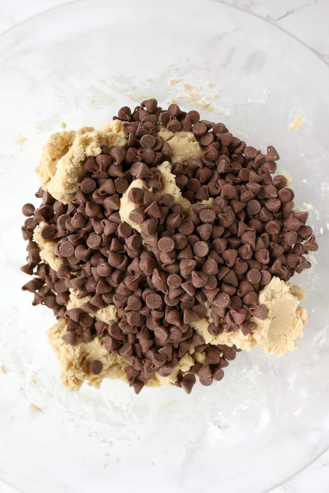 chocolate chips added to cookie dough mixture.