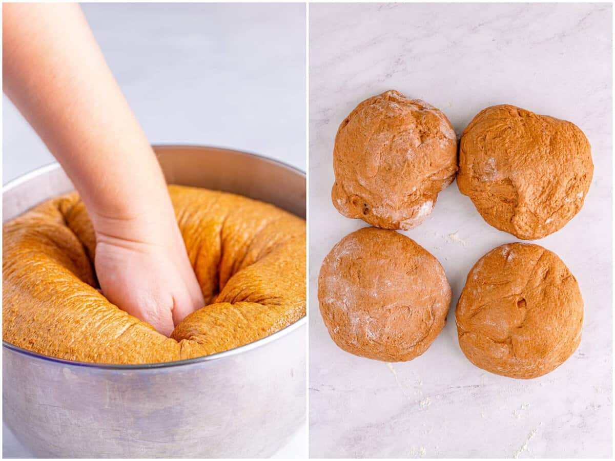 collage of two photos: hand punching down risen dough; dough separated into four dough balls.