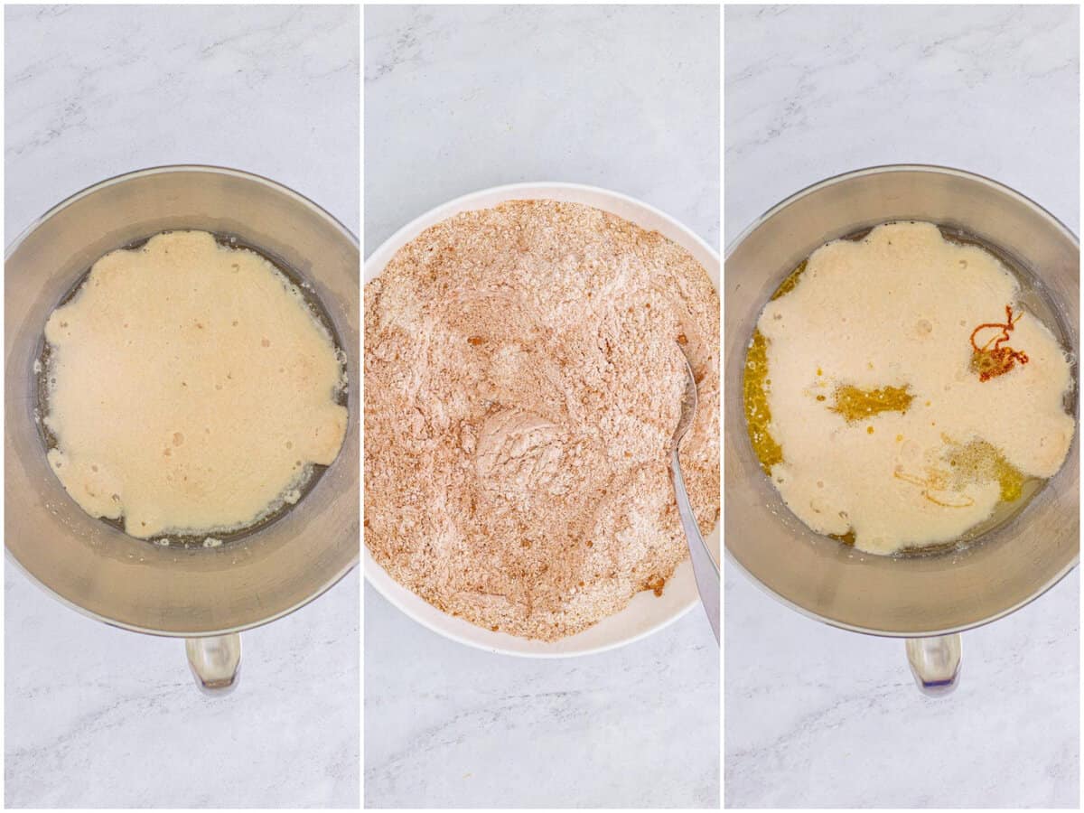 collage of three photos: proofed yeast mixture in bowl of stand mixer; flour, cocoa powder, coffee powder, and salt mixed together in bowl; honey, molasses, and melted butter added to proofed yeast mixture in bowl of stand mixer.