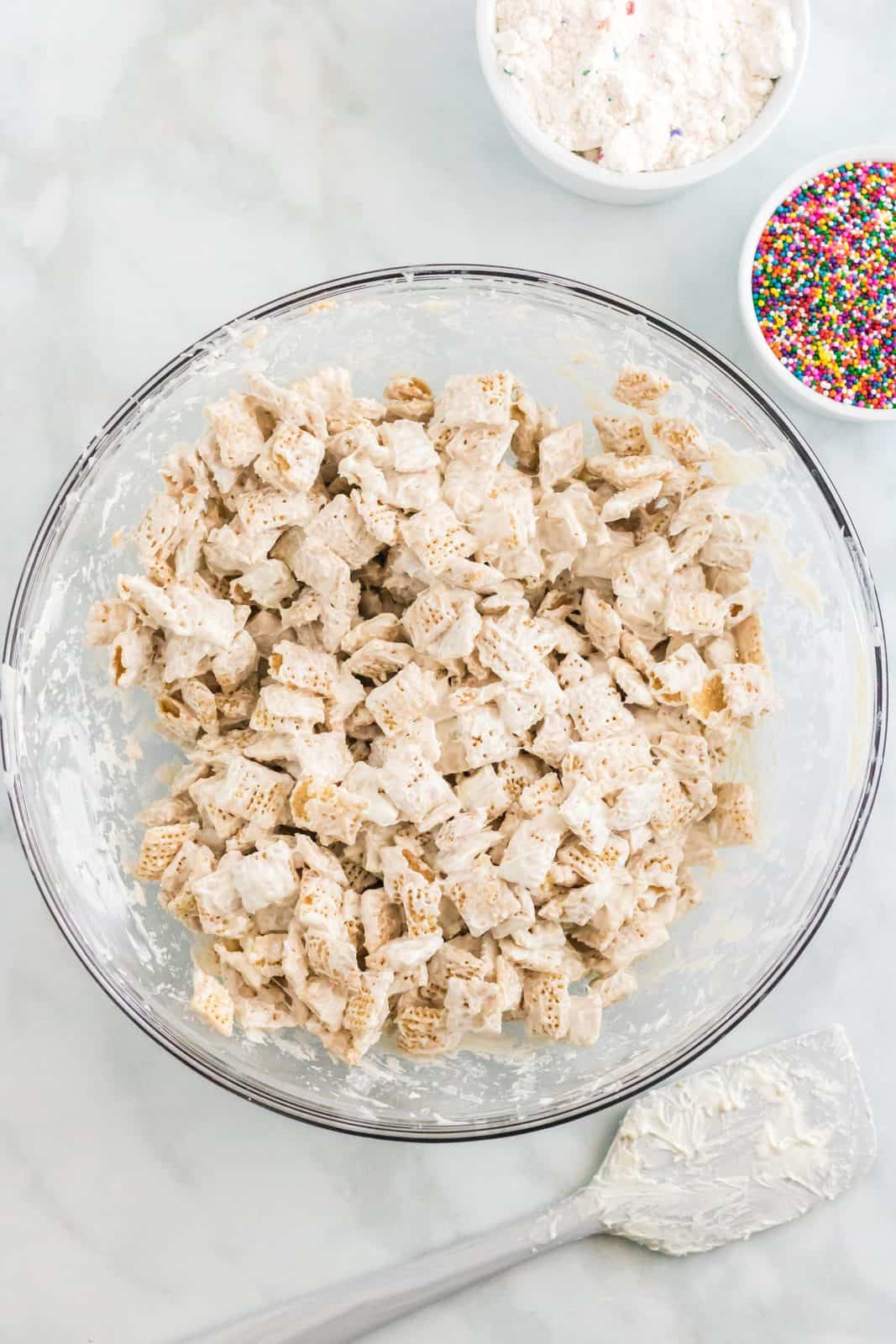 Chex cereal stirred into melted candy melts.