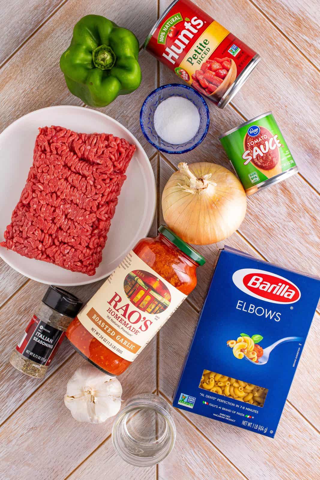 Ingredients needed: ground beef, onion, green pepper, garlic, pasta sauce, tomato sauce, petite diced tomatoes, water, italian seasoning, granulated sugar and macaroni noodles.