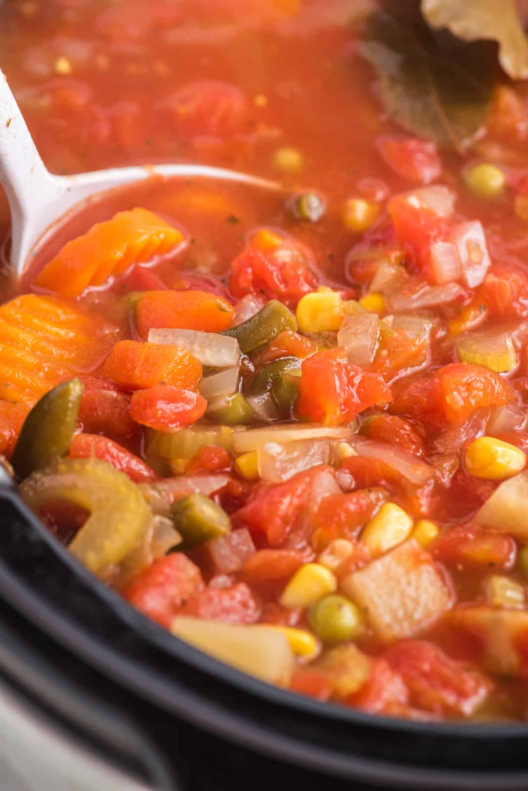 Close up in crock pot of finished Vegetable Soup.