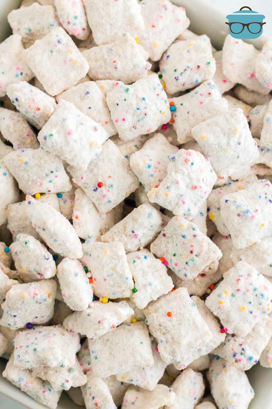 Spread out close up of Funfetti Puppy Chow.