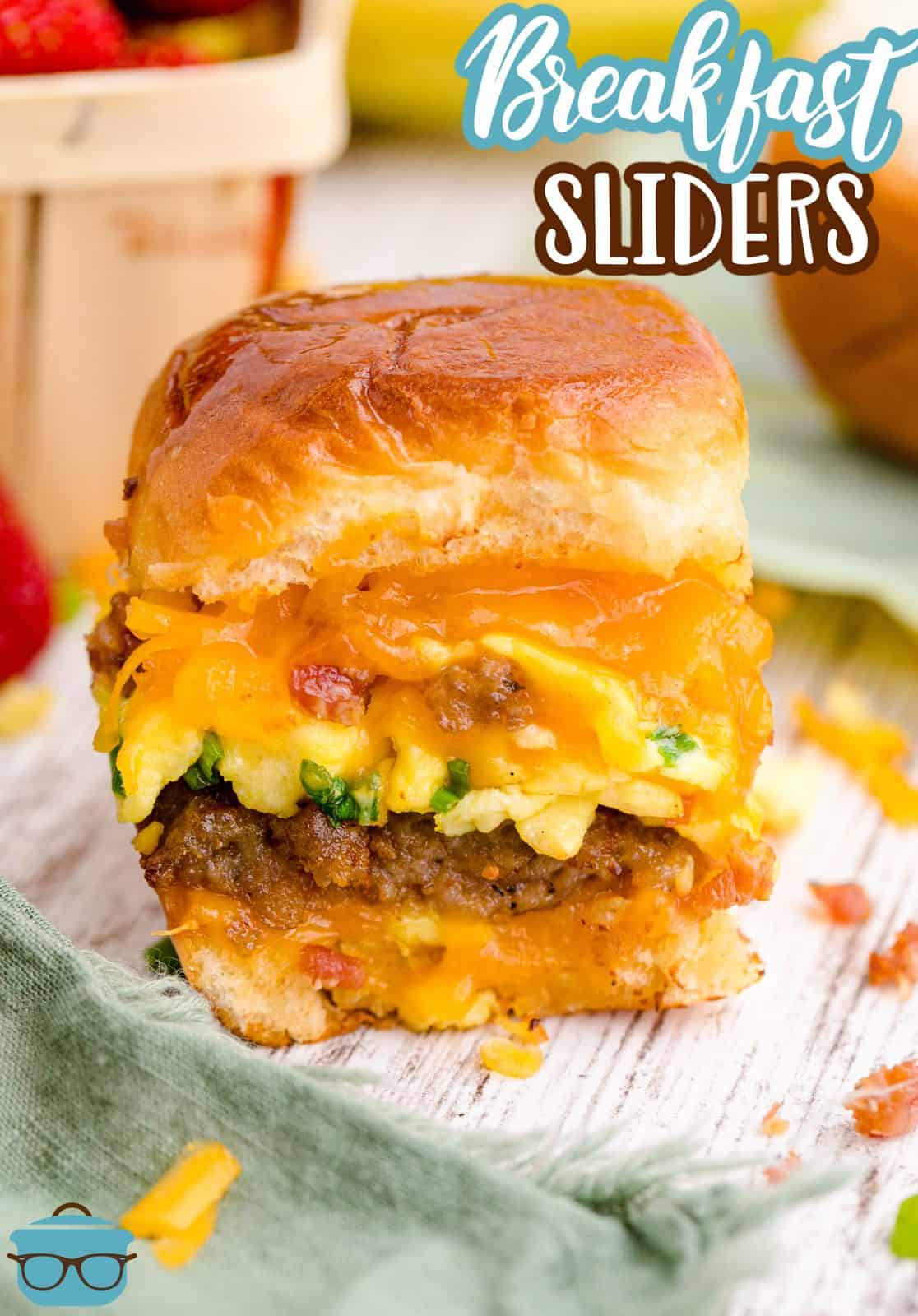 Pinterest image of on Breakfast Slider close up showing stacked layer.