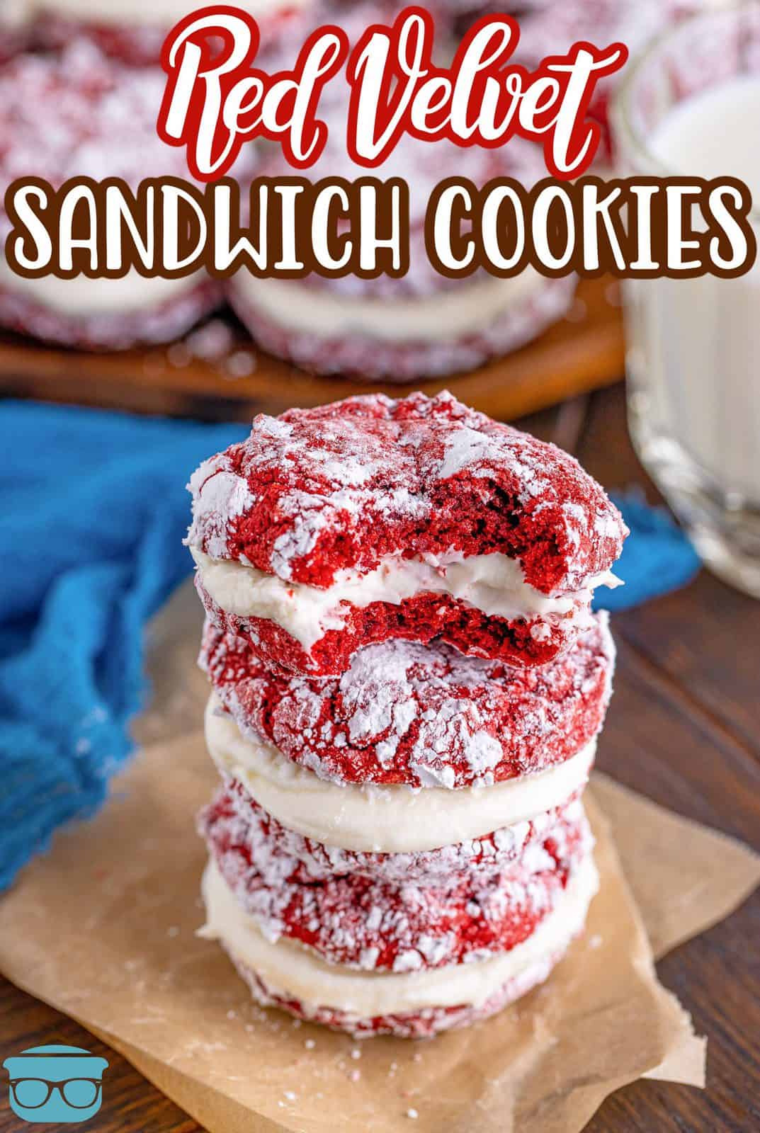 Pinterest image of three stacked Red Velvet Sandwich Cookies with bite taken out of top cookie.