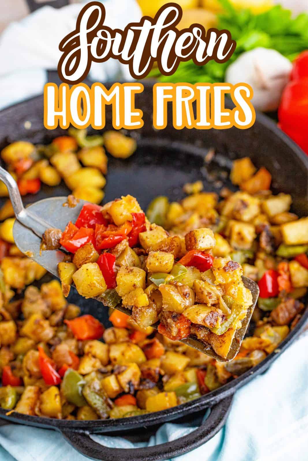 Metal spatula holding up some Southern Home Fries Pinterest image.