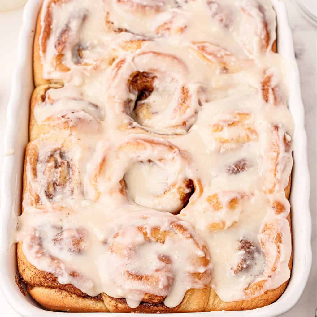 Square image of Homemade Cinnamon Rolls in pan.