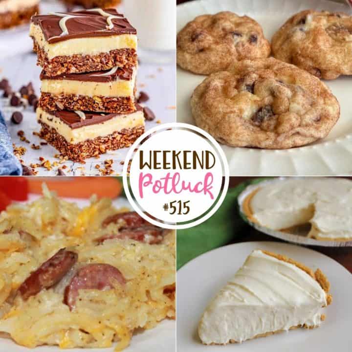 Weekend Potluck featured recipes: Sausage & Potato Country Casserole, No Bake Cheesecake, Nanaimo Bars, Cranberry Cream Cheese Snickerdoodles
