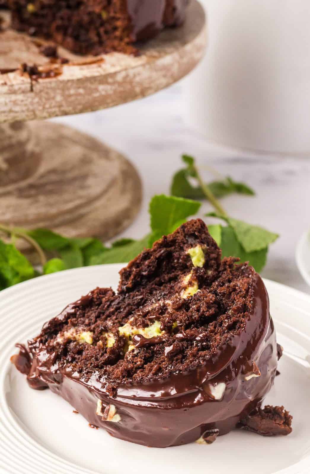 Slice of Mint Chocolate Bundt Cake on plate showing filling.