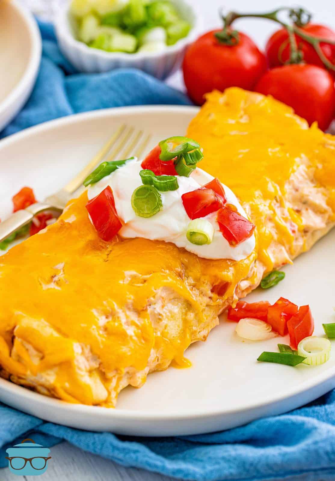 Two Ground Beef Enchiladas on plate topped with sour cream, tomatoes and green onion.