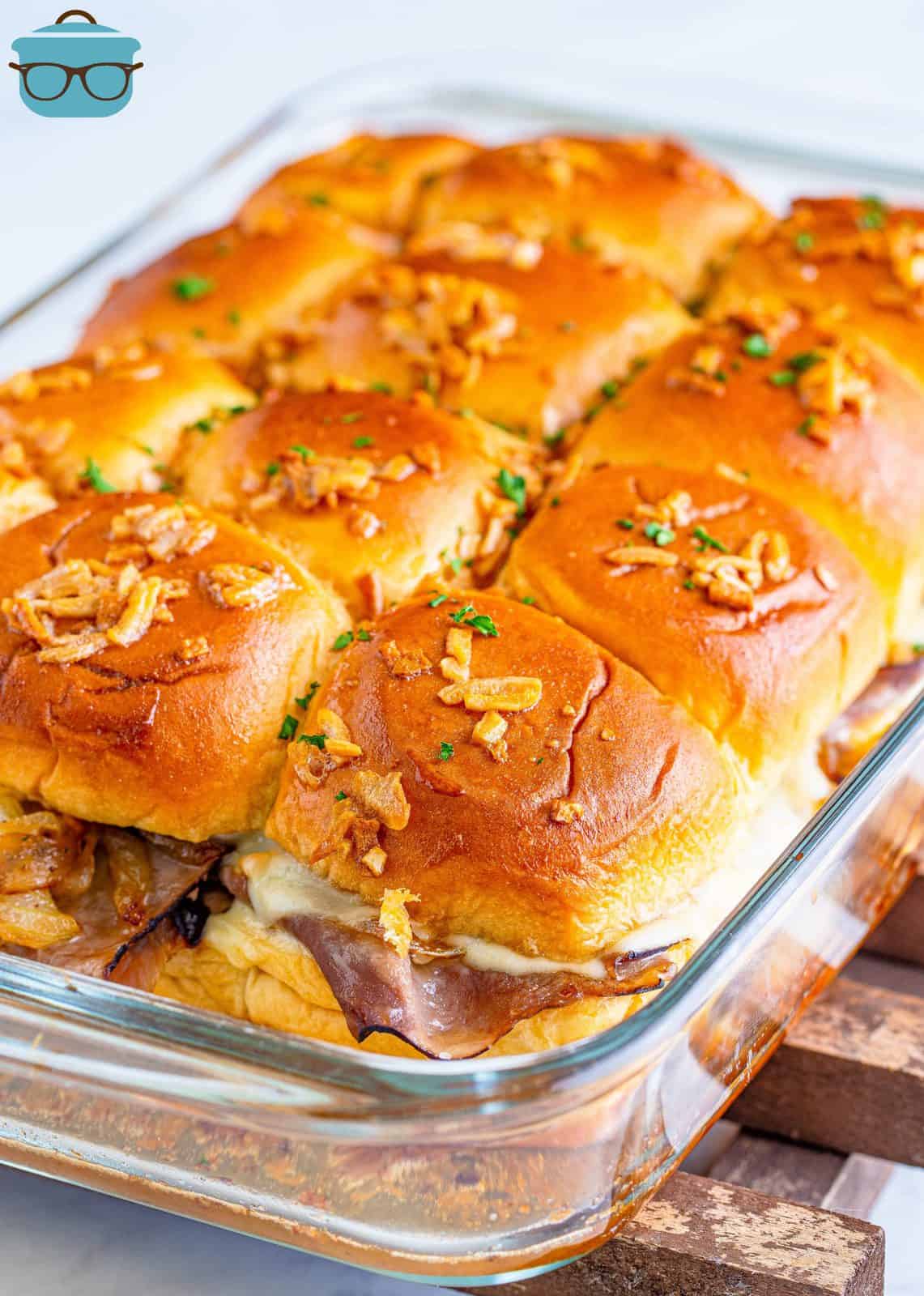 Finished French Dip Sliders in baking dish.